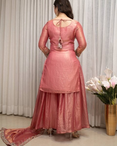 Rare Pink Fendy Silk Top Sharara Set with Sequin Coding and Latkan Work at Wholesale Rate Ready To Wear Collection