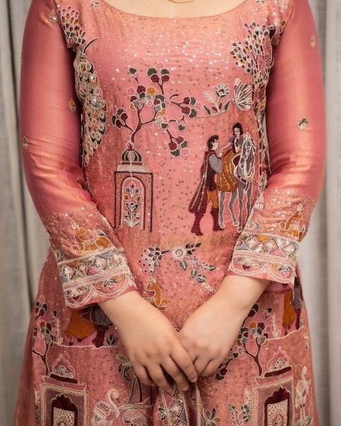 Rare Pink Fendy Silk Top Sharara Set with Sequin Coding and Latkan Work at Wholesale Rate Ready To Wear Collection
