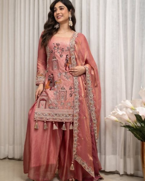 Rare Pink Fendy Silk Top Sharara Set with Sequin Coding and Latkan Work at Wholesale Rate Ready To Wear Collection
