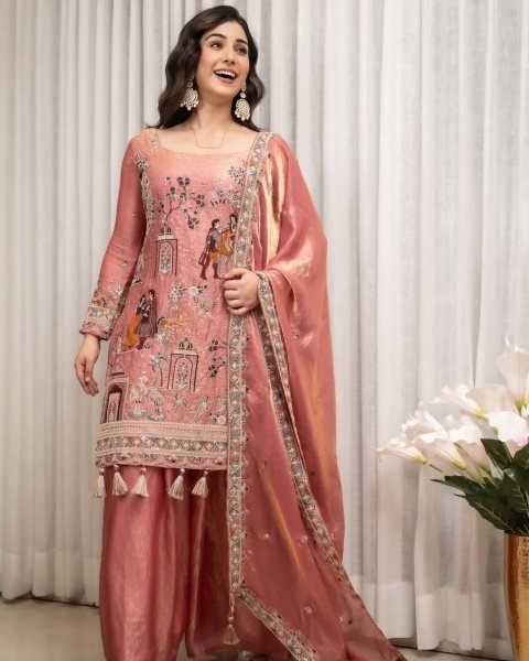 Rare Pink Fendy Silk Top Sharara Set with Sequin Coding and Latkan Work at Wholesale Rate Ready To Wear Collection