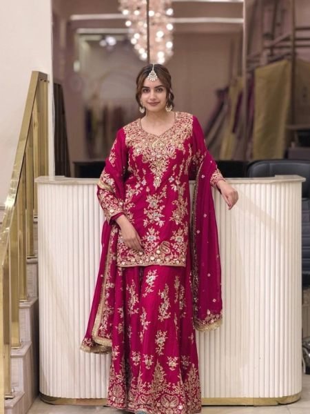 Rare Pink Heavy Faux Georgette Embroidered Palazzo Set with Micro Cotton Inner 