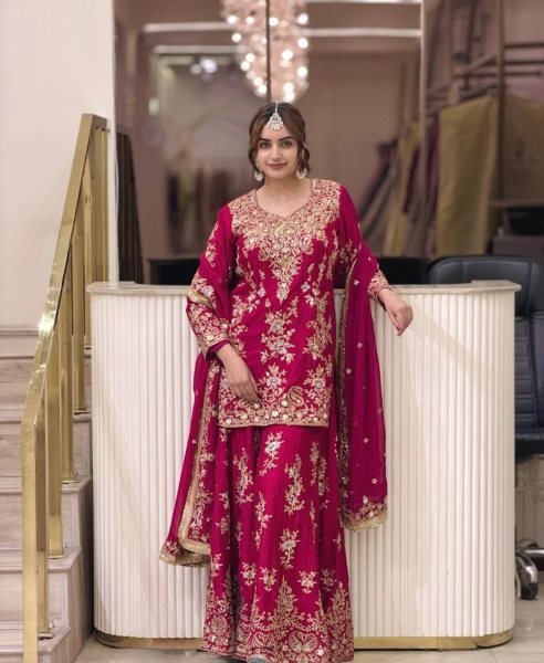 Rare Pink Heavy Faux Georgette Embroidered Palazzo Set with Micro Cotton Inner Ready To Wear Collection