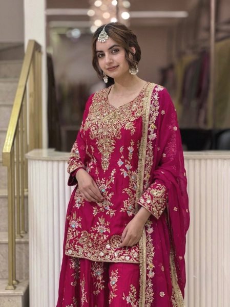 Rare Pink Heavy Faux Georgette Embroidered Palazzo Set with Micro Cotton Inner Ready To Wear Collection