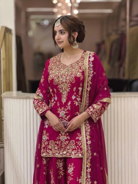 Rare Pink Heavy Faux Georgette Embroidered Palazzo Set with Micro Cotton Inner Ready To Wear Collection