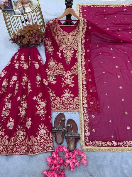 Rare Pink Heavy Faux Georgette Embroidered Palazzo Set with Micro Cotton Inner Ready To Wear Collection