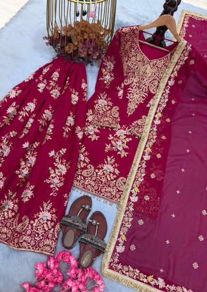 Rare Pink Heavy Faux Georgette Embroidered Palazzo Set with Micro Cotton Inner Ready To Wear Collection