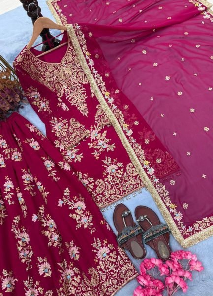 Rare Pink Heavy Faux Georgette Embroidered Palazzo Set with Micro Cotton Inner Ready To Wear Collection
