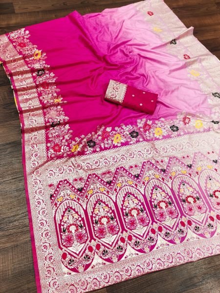 Rare Pink Pure Viscose Silk Saree with Meenakari Zari Border for Grand Celebrations Silk Sarees Wholesale