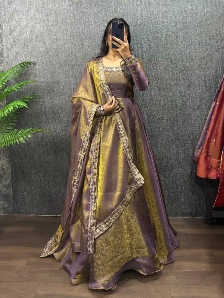 Rare Purple Designer Fendy Silk Jacquard Gown for Women 