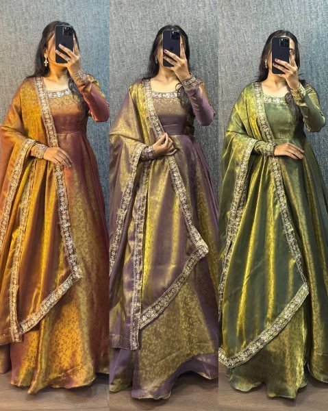 Rare Purple Designer Fendy Silk Jacquard Gown for Women Ready To Wear Collection