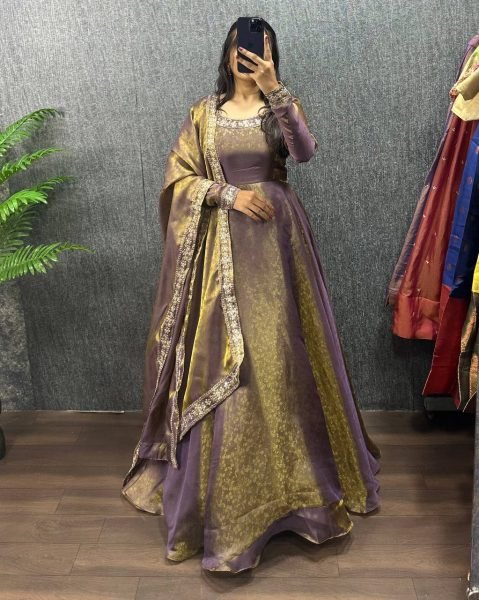 Rare Purple Designer Fendy Silk Jacquard Gown for Women Ready To Wear Collection