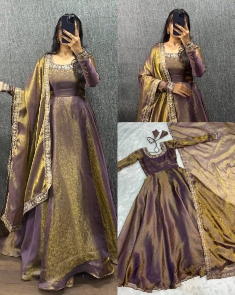 Rare Purple Designer Fendy Silk Jacquard Gown for Women Ready To Wear Collection