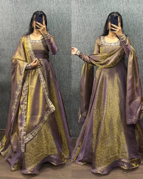 Rare Purple Designer Fendy Silk Jacquard Gown for Women Ready To Wear Collection
