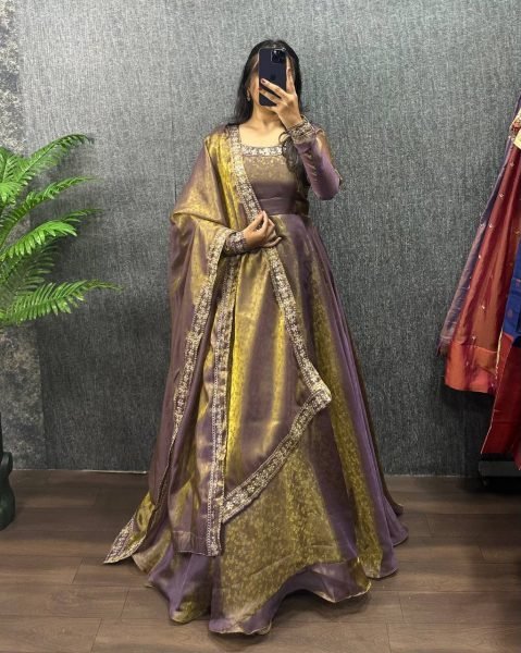 Rare Purple Designer Fendy Silk Jacquard Gown for Women Ready To Wear Collection