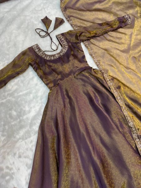 Rare Purple Designer Fendy Silk Jacquard Gown for Women Ready To Wear Collection