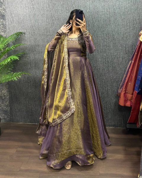 Rare Purple Designer Fendy Silk Jacquard Gown for Women Ready To Wear Collection