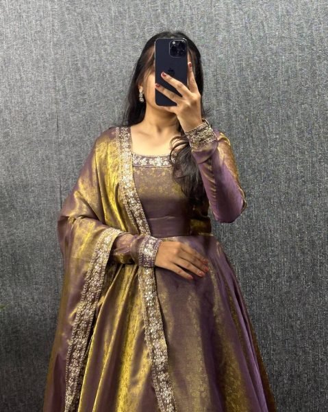 Rare Purple Designer Fendy Silk Jacquard Gown for Women Ready To Wear Collection