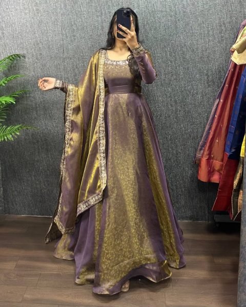 Rare Purple Designer Fendy Silk Jacquard Gown for Women Ready To Wear Collection