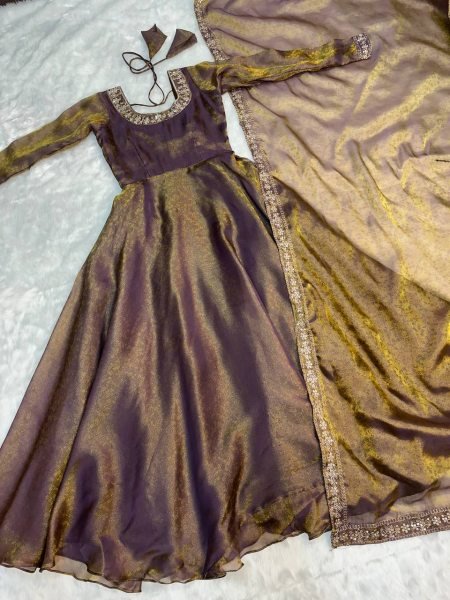 Rare Purple Designer Fendy Silk Jacquard Gown for Women Ready To Wear Collection