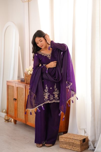 Rare Purple Fendi Silk Embroidery Suit Set for Women Ready To Wear Collection