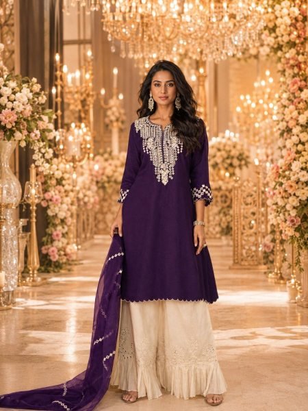 Rare Purple White Premium Real Silk Palazzo Suit with Embroidered Organza Dupatta Salwar Kameez