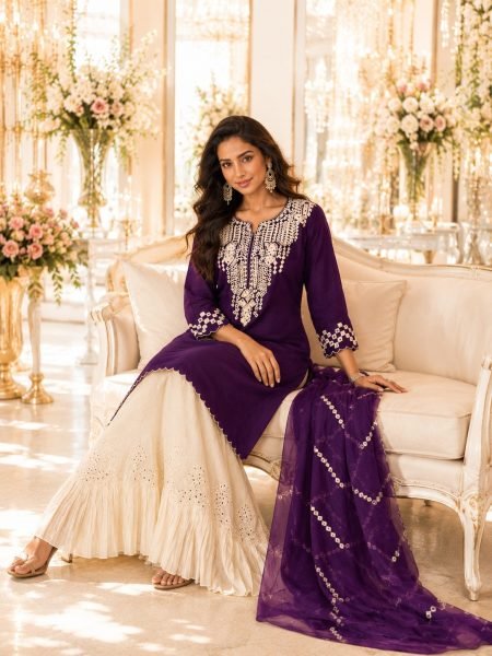 Rare Purple White Premium Real Silk Palazzo Suit with Embroidered Organza Dupatta Designer Plazzo Salwar Suits Wholesale