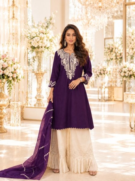 Rare Purple White Premium Real Silk Palazzo Suit with Embroidered Organza Dupatta Designer Plazzo Salwar Suits Wholesale