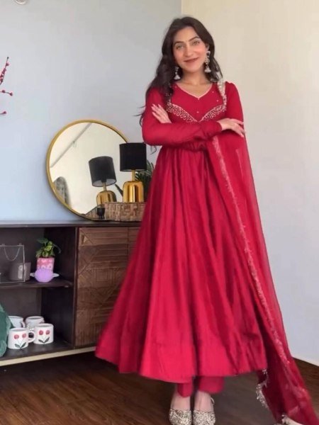 Rare Red Heavy Georgette Gown with Embroidery for Party Wear Ready To Wear Suit