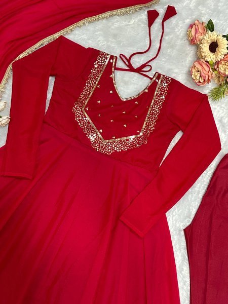 Rare Red Heavy Georgette Gown with Embroidery for Party Wear Ready To Wear Collection