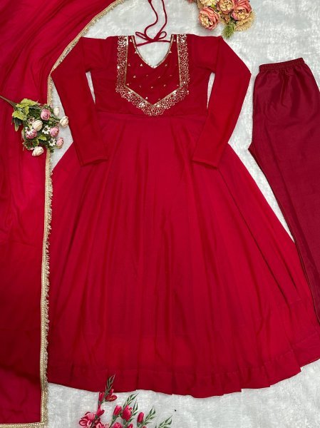 Rare Red Heavy Georgette Gown with Embroidery for Party Wear Ready To Wear Collection