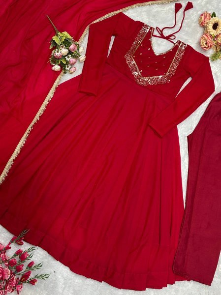 Rare Red Heavy Georgette Gown with Embroidery for Party Wear Ready To Wear Collection
