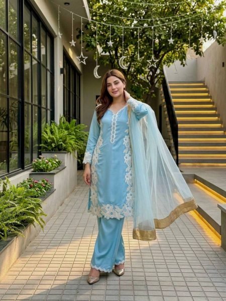 Rare Sky Blue Natural Silk Palazzo Suit Set with Pearl Moti Handwork for Women Ready To Wear Suit