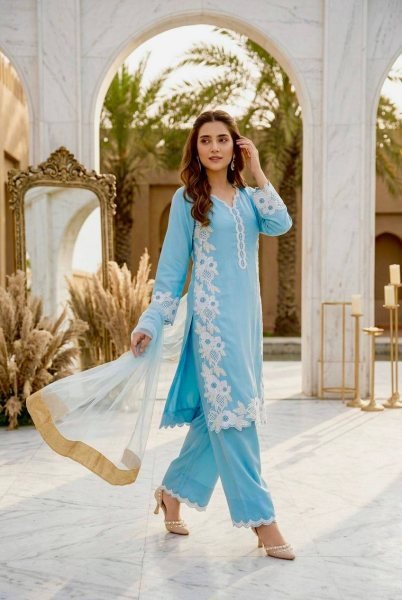 Rare Sky Blue Natural Silk Palazzo Suit Set with Pearl Moti Handwork for Women Ready To Wear Collection