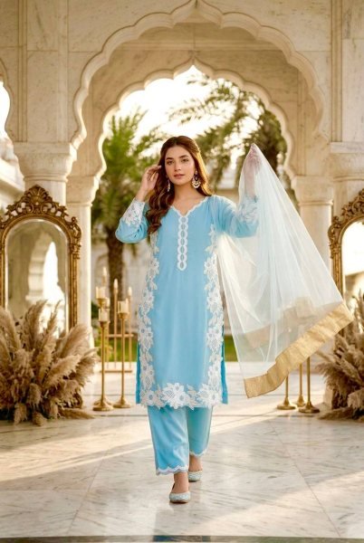 Rare Sky Blue Natural Silk Palazzo Suit Set with Pearl Moti Handwork for Women Ready To Wear Collection