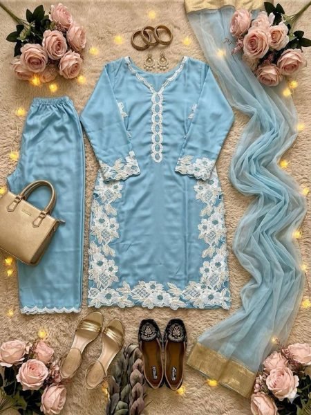 Rare Sky Blue Natural Silk Palazzo Suit Set with Pearl Moti Handwork for Women Ready To Wear Collection
