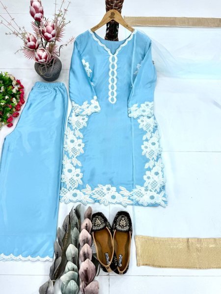 Rare Sky Blue Natural Silk Palazzo Suit Set with Pearl Moti Handwork for Women Ready To Wear Collection