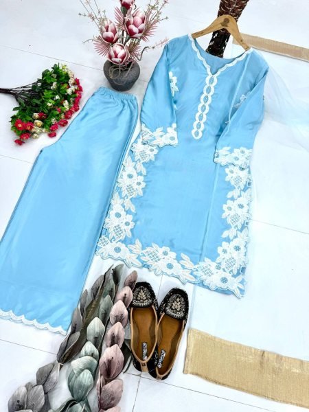 Rare Sky Blue Natural Silk Palazzo Suit Set with Pearl Moti Handwork for Women Ready To Wear Collection