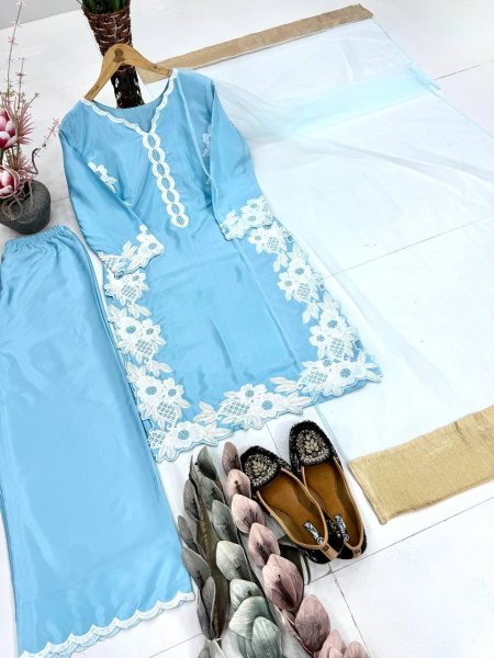 Rare Sky Blue Natural Silk Palazzo Suit Set with Pearl Moti Handwork for Women Ready To Wear Collection