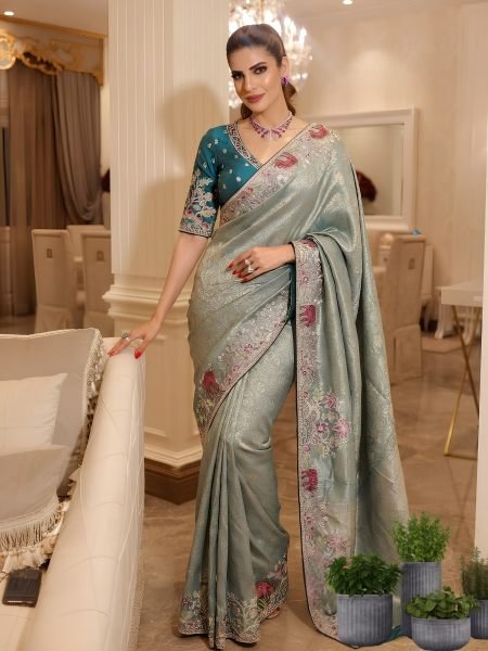Rare Teal Kanjivaram Silk Saree with Diamond Handwork For Wedding Wear Sarees 