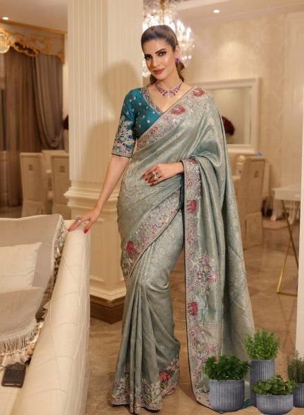 Rare Teal Kanjivaram Silk Saree with Diamond Handwork For Wedding Wear Silk Sarees Wholesale