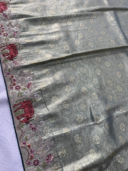 Rare Teal Kanjivaram Silk Saree with Diamond Handwork For Wedding Wear Silk Sarees Wholesale