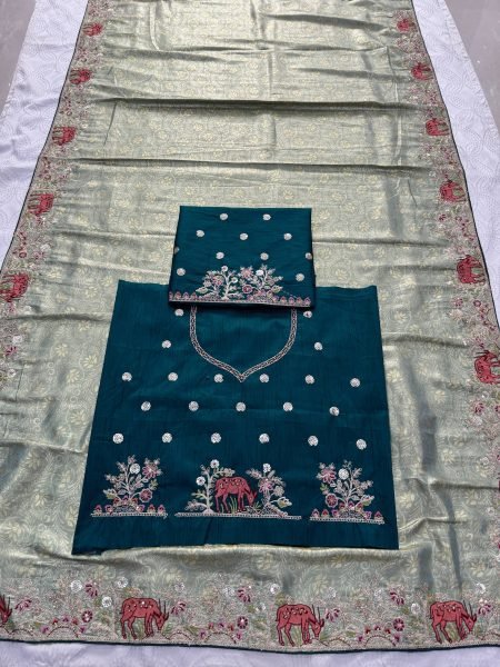 Rare Teal Kanjivaram Silk Saree with Diamond Handwork For Wedding Wear Silk Sarees Wholesale