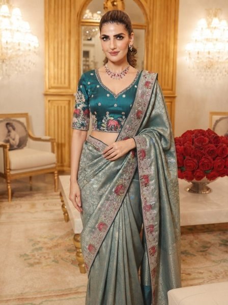 Rare Teal Kanjivaram Silk Saree with Diamond Handwork For Wedding Wear Silk Sarees Wholesale