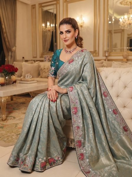 Rare Teal Kanjivaram Silk Saree with Diamond Handwork For Wedding Wear Silk Sarees Wholesale