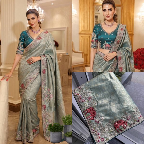 Rare Teal Kanjivaram Silk Saree with Diamond Handwork For Wedding Wear Silk Sarees Wholesale