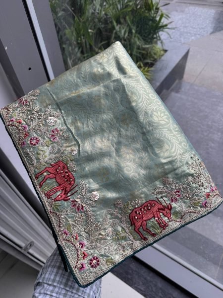 Rare Teal Kanjivaram Silk Saree with Diamond Handwork For Wedding Wear Silk Sarees Wholesale