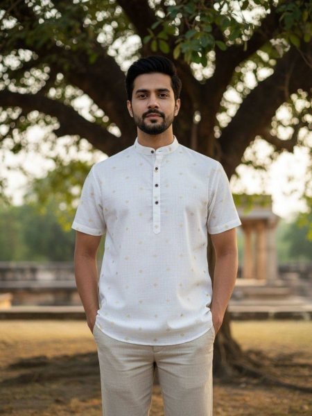 Rare White Boutique Linen Cotton Short Kurta with Jacquard Weaving For Party 