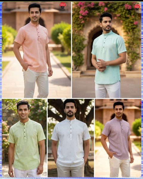 Rare White Boutique Linen Cotton Short Kurta with Jacquard Weaving For Party Mens Shirt