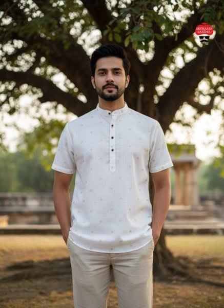 Rare White Boutique Linen Cotton Short Kurta with Jacquard Weaving For Party Mens Shirt