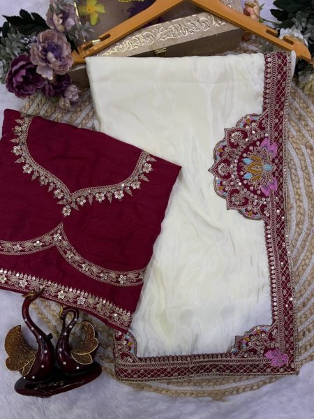 Rare White Designer HO Silk Saree with Heavy Banglori Embroidered Blouse for Festival Wear Silk Sarees Wholesale